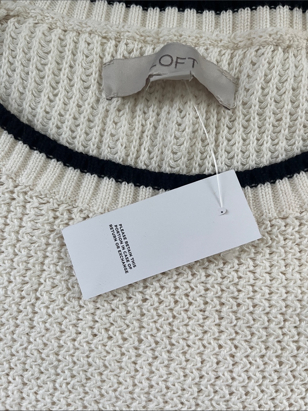 LOFT Cream Crewneck Sweater with Black Trim and Sleeve Bow - Picture 2 of 4